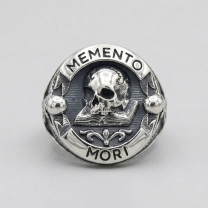 Memento Mori Skull Open Book Signet Ring