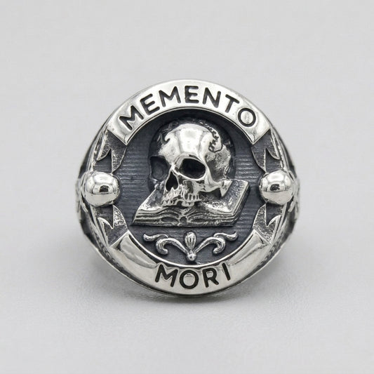 Memento Mori Skull Open Book Signet Ring