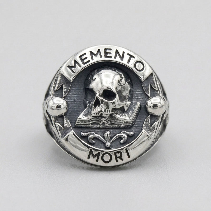 Memento Mori Skull Open Book Signet Ring