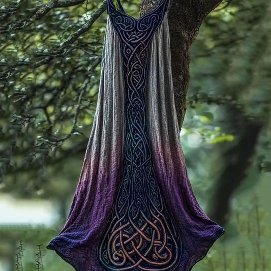 Vintage Viking Celtic Purple Gradient  Linen Midi Dress artswardrobe