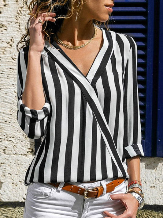 Comstylish Striped Linen Blend V-Neck Long Sleeve Shirt