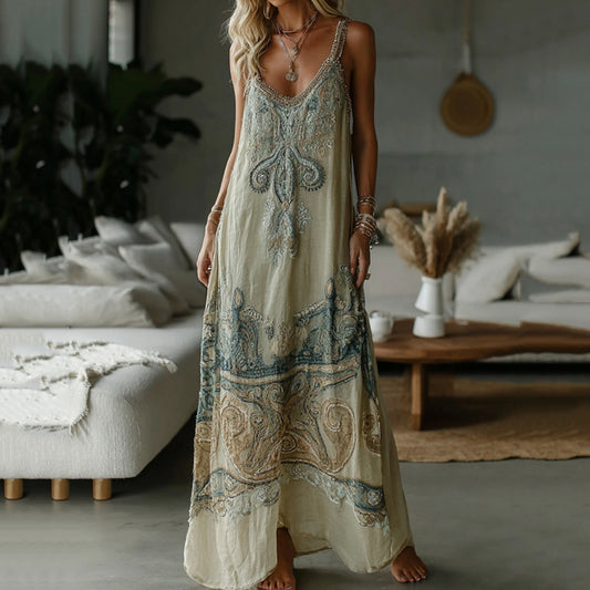 Comstylish Vintage Tribal Boho Pattern Art Linen Comfy Maxi Dress