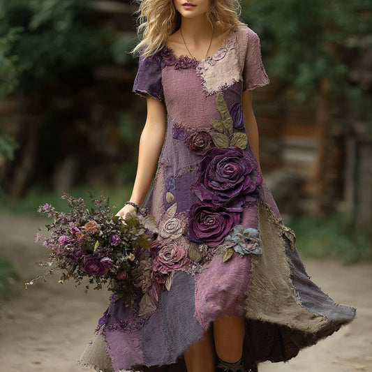 Classy Purple Patchwork And Floral Embroidered Linen Maxi Dress artswardrobe