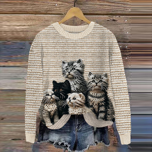 Comstylish Women's Vintage Cute Cats Look Art Cozy Sweater