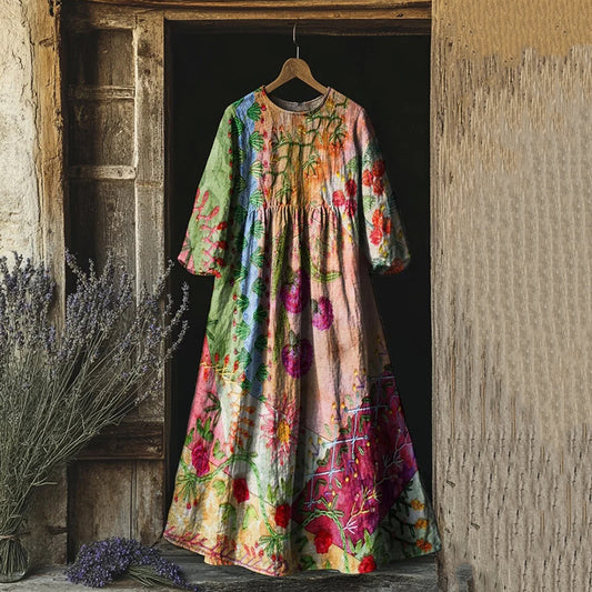 Vintage Floral Print Crew Neck Loose Midi Dress artswardrobe