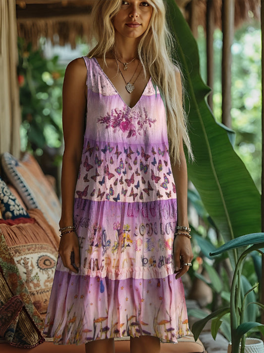 Butterfly Floral Print Women's Linen Vest Dress artswardrobe