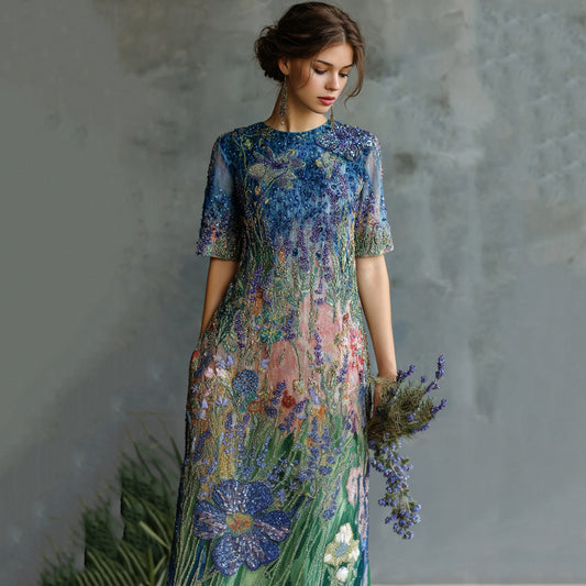 Women's Oil Painting Floral Sequined Maxi Dress artswardrobe
