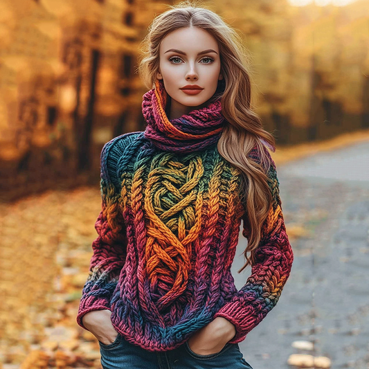Irish Rainbow Pattern Jacquard Cozy Turtleneck Sweater elevenforest