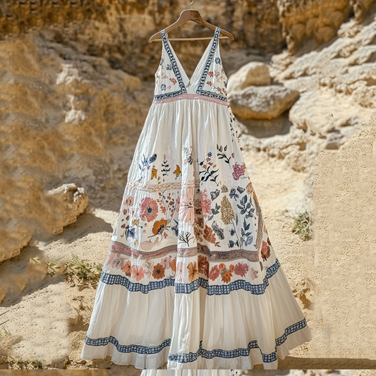 Comstylish Women's Fashion Elegant Floral Cotton And Linen Sleeveless Dress