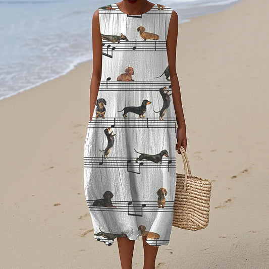 Retro Musical Note Dachshund Puppy Art Linen Tank Midi Dress artswardrobe