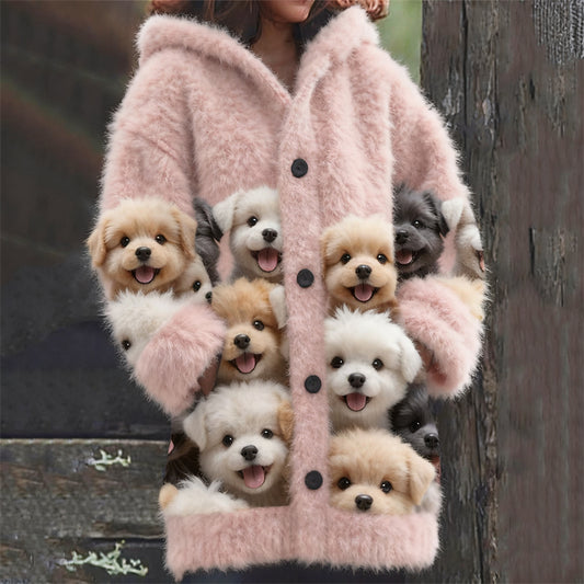 Comstylish Lovely Dogs Cozy Knit Hooded Cardigan