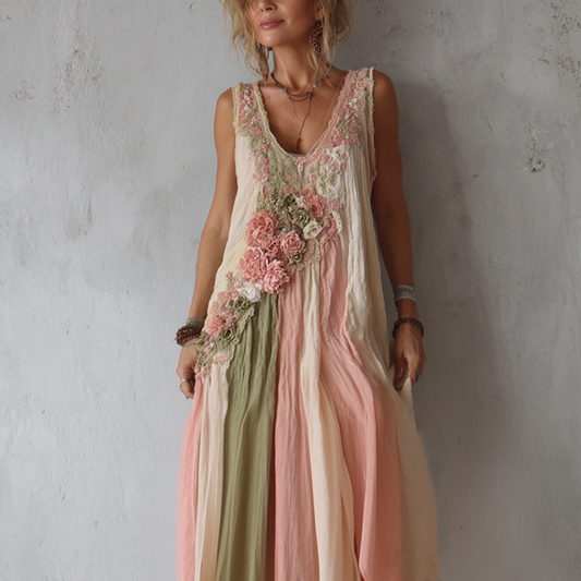Women's Vintage Rose Floral Color Block Pattern Sleeveless Dress artswardrobe