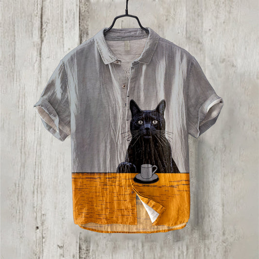 Retro Contrast Color Cat Coffee Art Linen Blend Comfy Shirt elevenforest