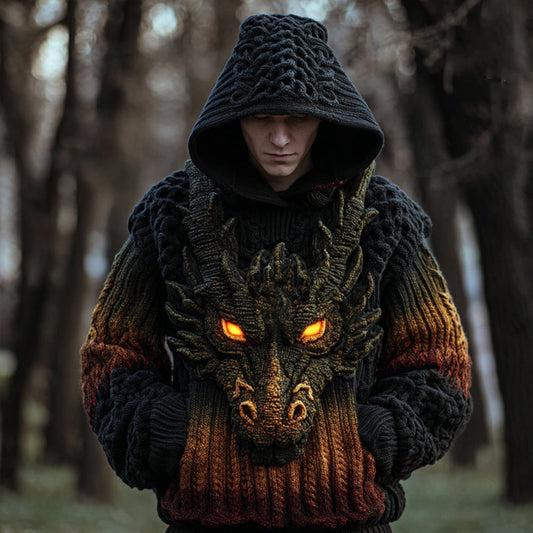 Men's Viking Dragon Head Three-dimensional Knitted Pattern Hooded Sweater elevenforest