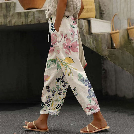 Comstylish Casual Japanese Art Flower Print Straight Pocket Pants