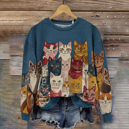 Women's Vintage Abstract Colored Cat Art Sweatshirt elevenforest