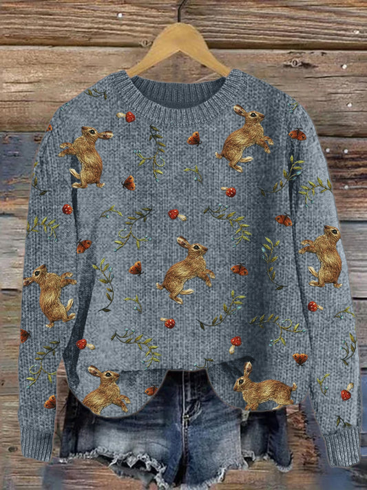 Forest Hare Floral Embroidery Pattern Cozy Knit Sweater artswardrobe