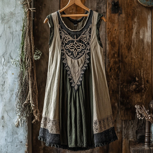 Tribal Celtic Knot Lace Patchwork Art Linen Tank Dress artswardrobe