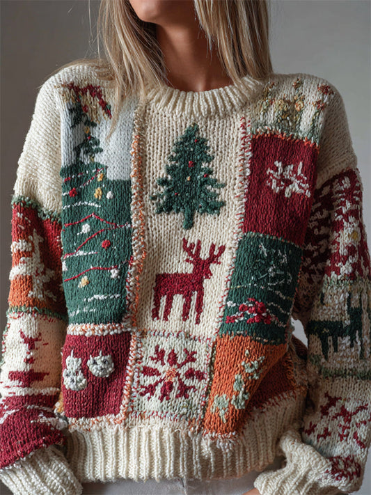 Vintage Christmas Elements Colorblock Patchwork Cozy Knit Sweater artswardrobe