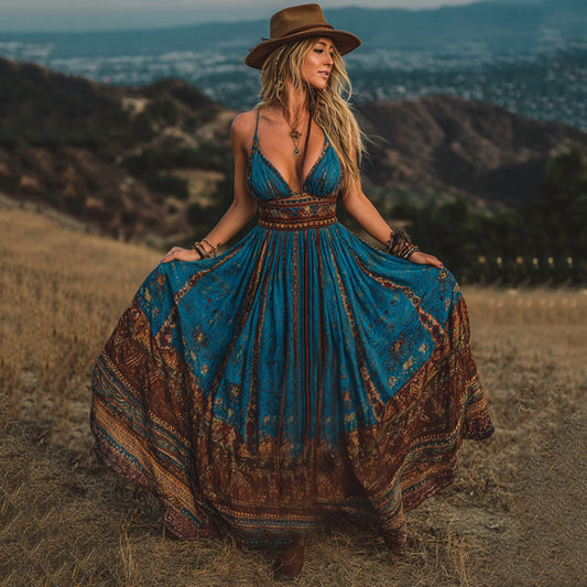 Women's Vintage Western Geometry Print Suspender Maxi Dress artswardrobe
