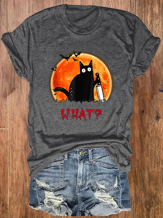 Comstylish Women's Halloween Fun Black Cat Print Crew Neck T-Shirt