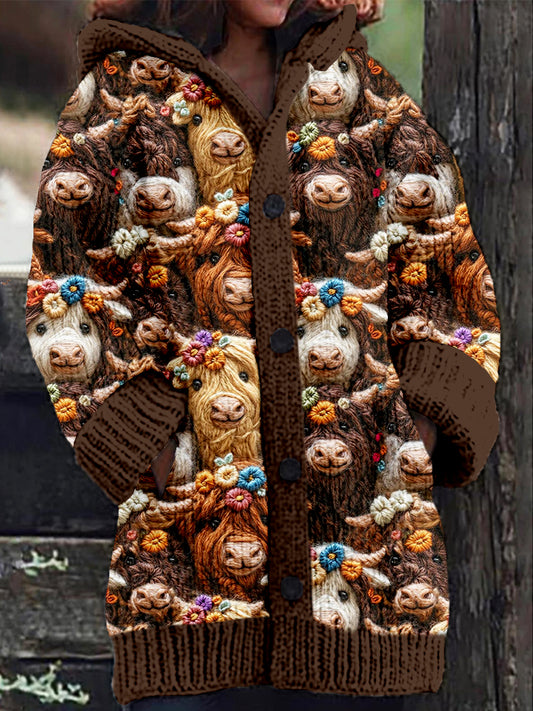 Cute Highland Cows Embroidered Cozy Hooded Cardigan artswardrobe