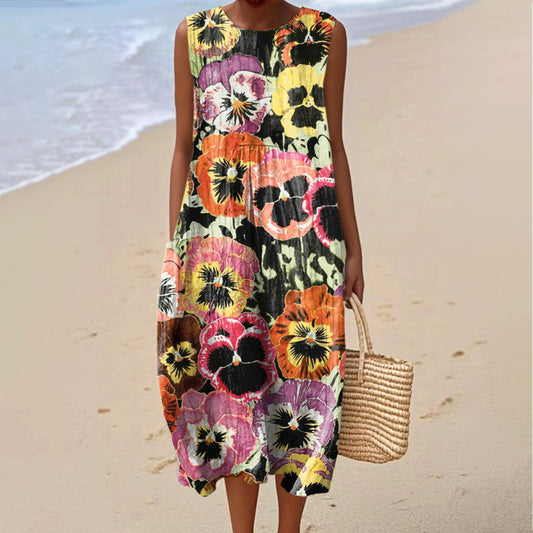 Women's Vintage Floral Art Print Sleeveless Cotton Wrap Dress artswardrobe