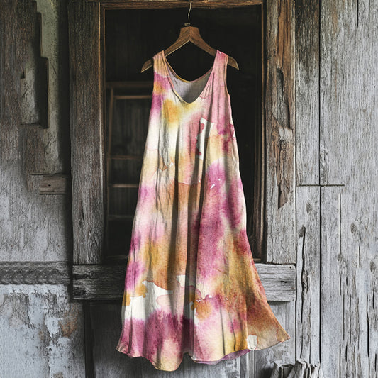 Vintage Pink Floral Painting Art Linen Tank Dress artswardrobe