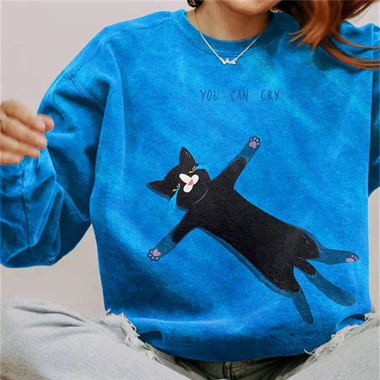 You Can Cry Cat Print Sweatshirt elevenforest
