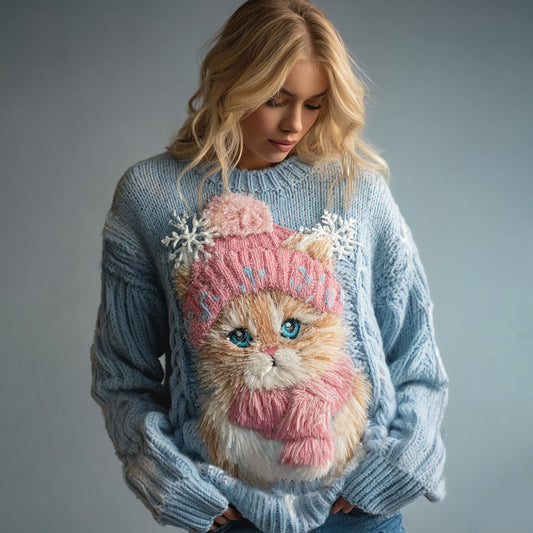 Comstylish Women's Vintage Christmas Orange Cat Snowflake Art Cozy Sweater