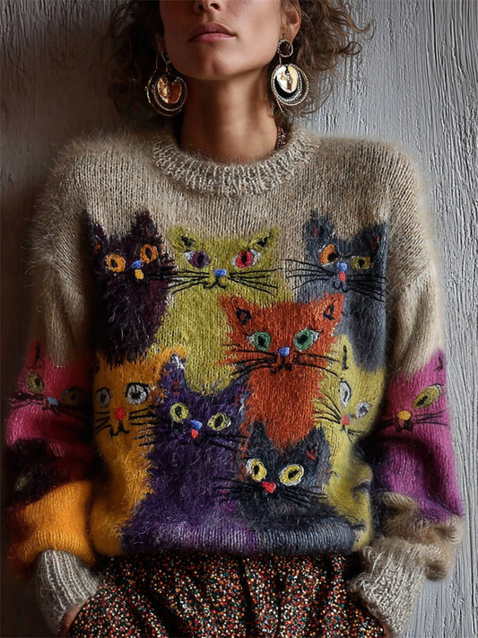 Vintage Colorful Crowded Cats Cozy Knit Sweater elevenforest