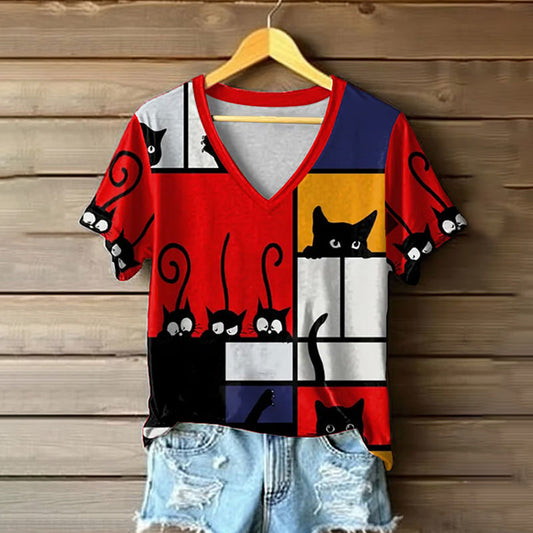 Women's Retro Funny Animal Cat Print Short Sleeve T-shirt elevenforest