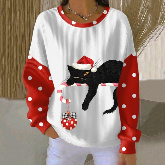 Comstylish Women's Christmas Cat Print Crew Neck Casual Sweatshirt