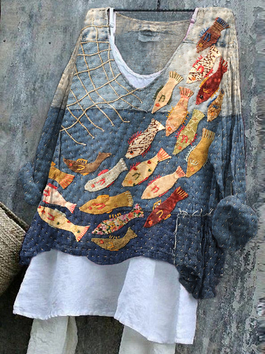 Comstylish Women's Vintage Patchwork Fish Pattern Linen Blend Shirt