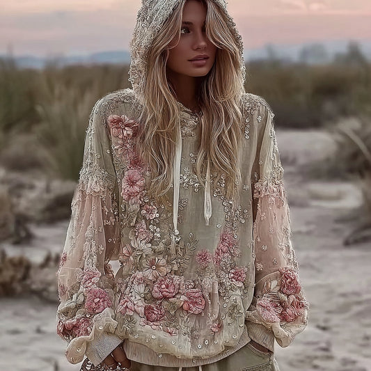 Women's Vintage Pink Floral Embroidery Art Casual Hoodie artswardrobe