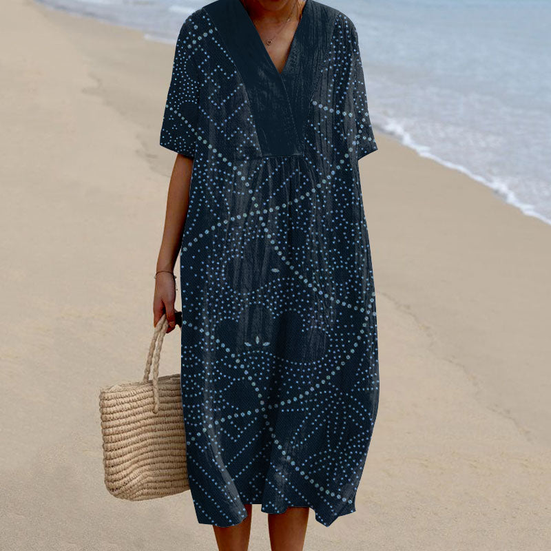 Comstylish Vintage Japanese Traditional Sashiko Patchwork Art Pattern Linen Blend Midi Dress