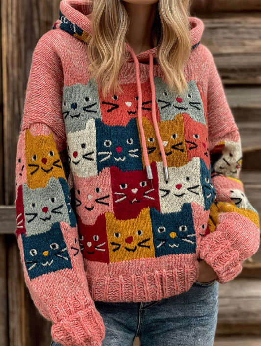 Comstylish Women's Colorful Cats Pattern Art Cozy Knit Hooded Sweater