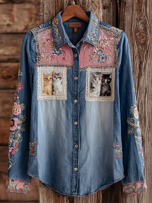 Comstylish Vintage Cat Floral Embroidered Lace Art Women's Long Sleeve Denim Shirt
