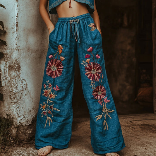 Women's Retro Linen Boho Ethnic Flowers Art Long Loose Wide-leg Trouser Pants artswardrobe