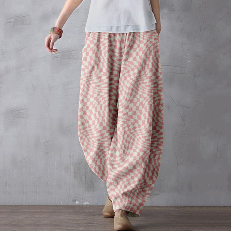 Comstylish Wavy Checkerboard Pattern Linen Blend Comfy Pants