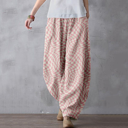 Comstylish Wavy Checkerboard Pattern Linen Blend Comfy Pants