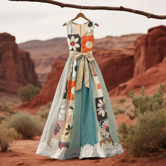 Women's Vintage Bohemia Floral Art Sleeveless Dress artswardrobe