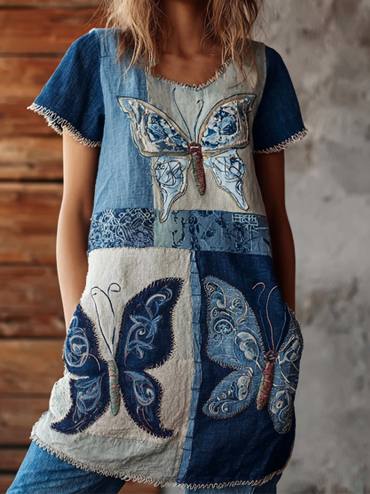 Comstylish Japanese Art Style Butterfly And Plant Flower Pattern Embroidery Women's Cotton And Linen Dress.