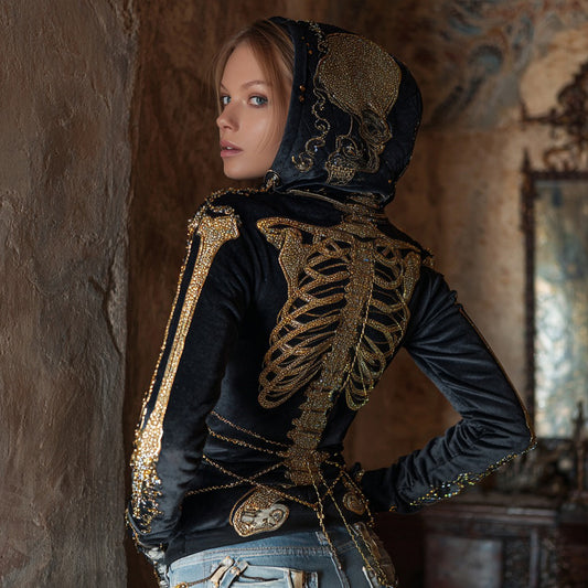 Comstylish Women's Gothic Skull And Floral Embroidered Hoodie