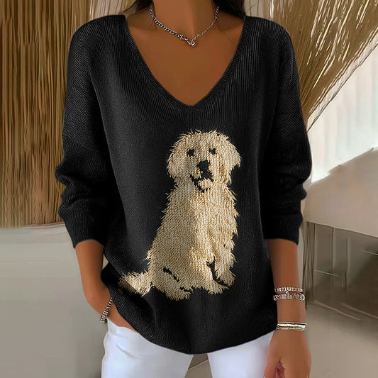 Classic Fuzzy Golden Retriever Dog Felt Art Inspired Embroidered V Neck Cozy Knit Sweater elevenforest