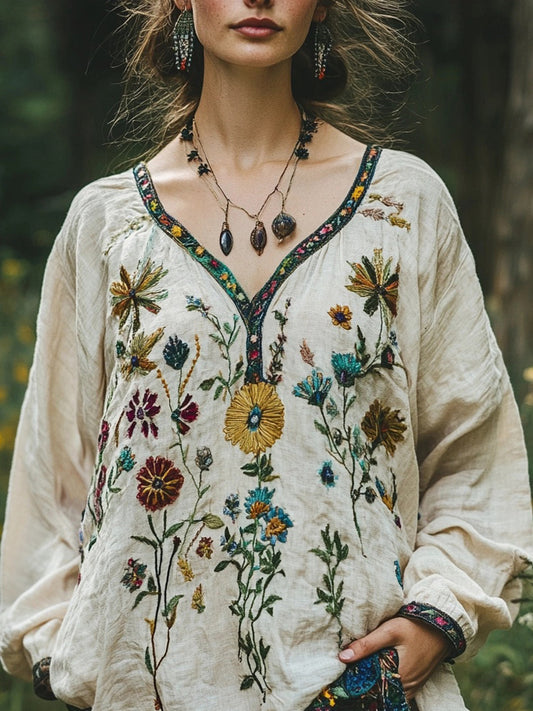 Retro Bohemian Floral Embroidered Linen Blend Loose Tunic artswardrobe