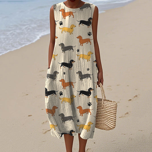 Comstylish Women's Vintage Dachshund Dog Art Print Linen Tank Midi Dress