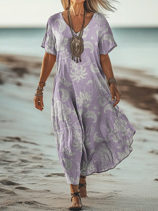 Women's Art Floral Hippie Vintage Print V Neck Dress