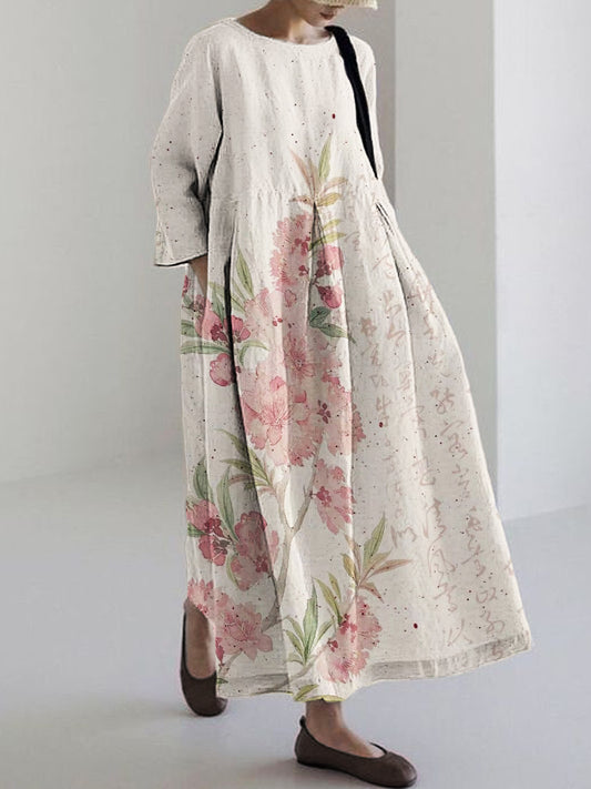 Comstylish Pink Floral Japanese Watercolor Art Linen Maxi Dress
