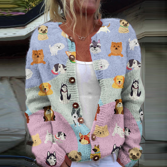 Comstylish Cute Dog Art Print Long Sleeve Knit Cardigan